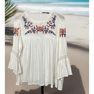 Life Style Top Babydoll Bell Sleeves Embroider Crochet White Gauze PL Large Boho